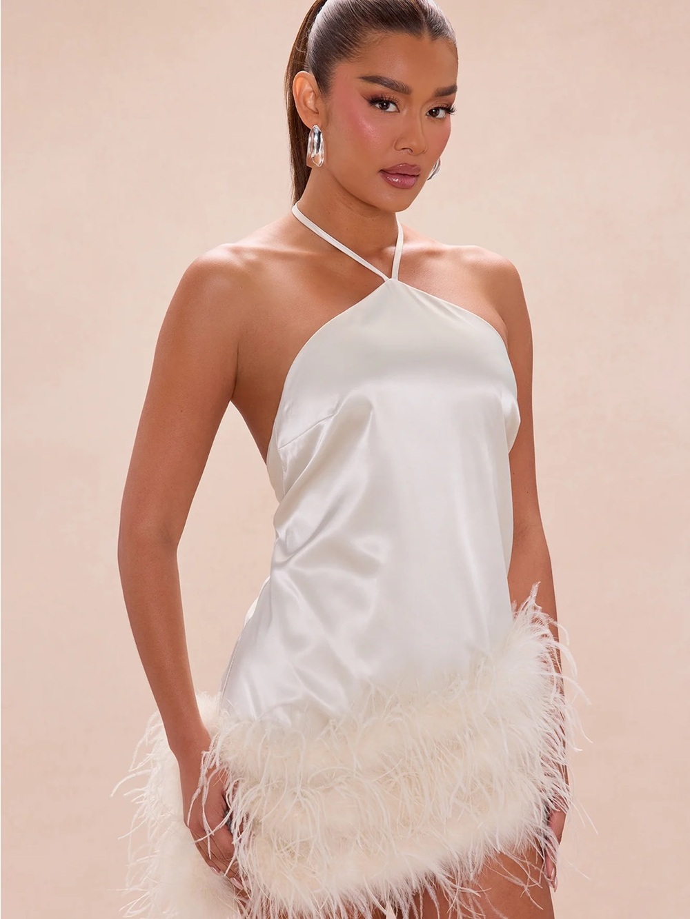 Fashion Nova Luxe: Satin Feather Halter Slip